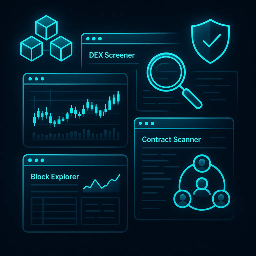 Crypto research toolkit grid showing block explorer, DEX screener, and analysis tools