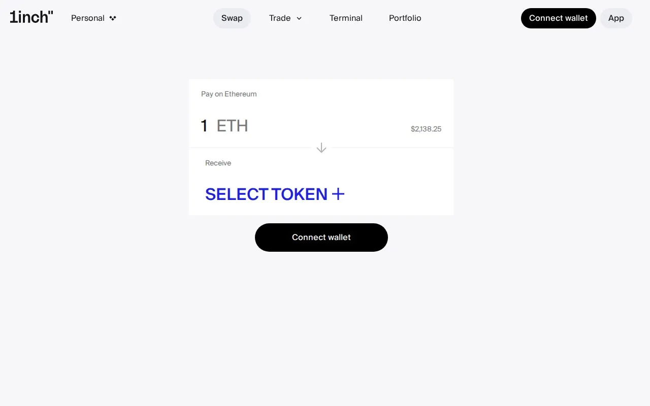 1inch DEX-Aggregator Swap-Oberfläche zeigt Token-Auswahl und Routenoptimierung