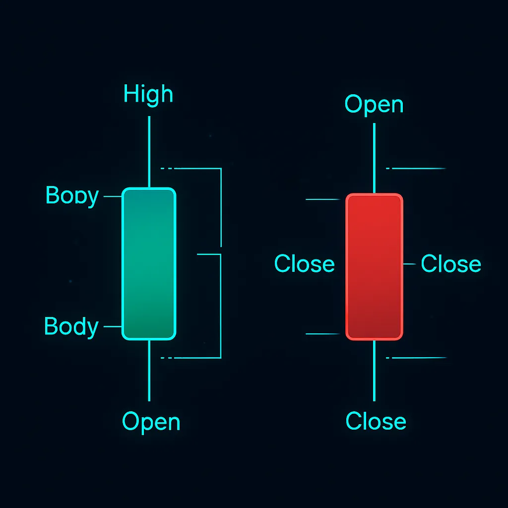 Green bullish vs red bearish candlestick comparison