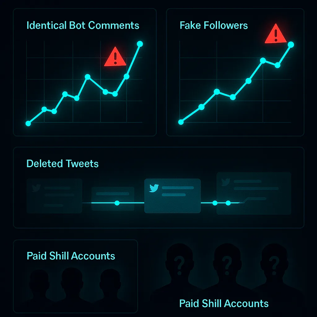 Social media red flags showing bot comments fake followers and paid shill patterns