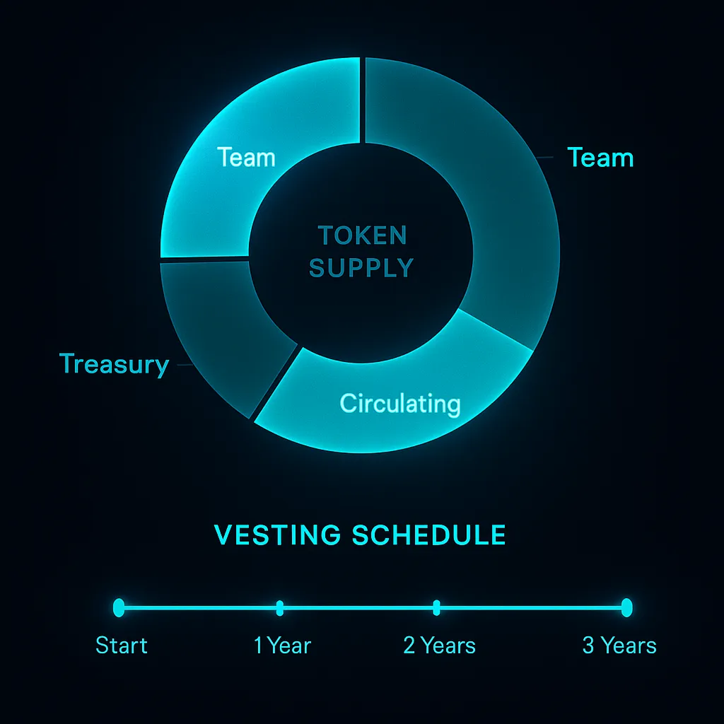 Tokenomics distribution donut chart with vesting schedule timeline