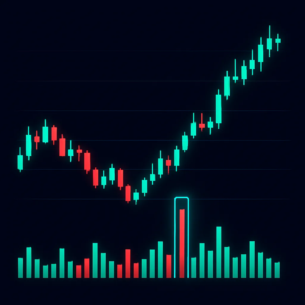 Volume bars below crypto price chart showing volume spikes at reversal points