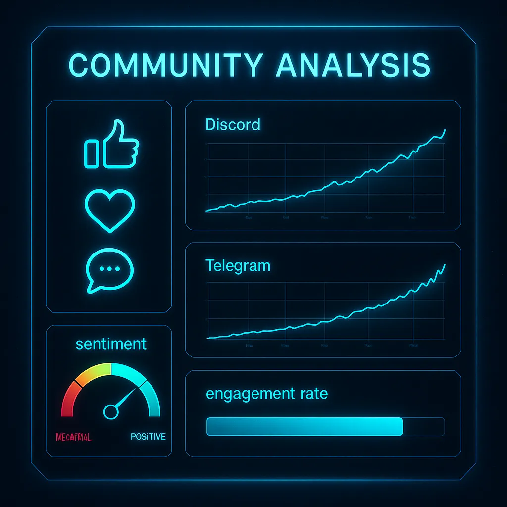 Community analysis dashboard with social metrics and sentiment gauge