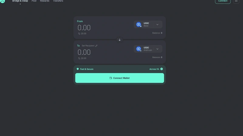 Application de pont Across montrant l'interface de la chaîne d'origine et de destination avec un bouton de connexion de portefeuille