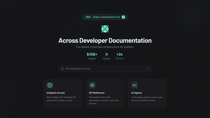 Page d'accueil de la documentation des développeurs d'Across avec des cartes pour les intégrations et la référence API