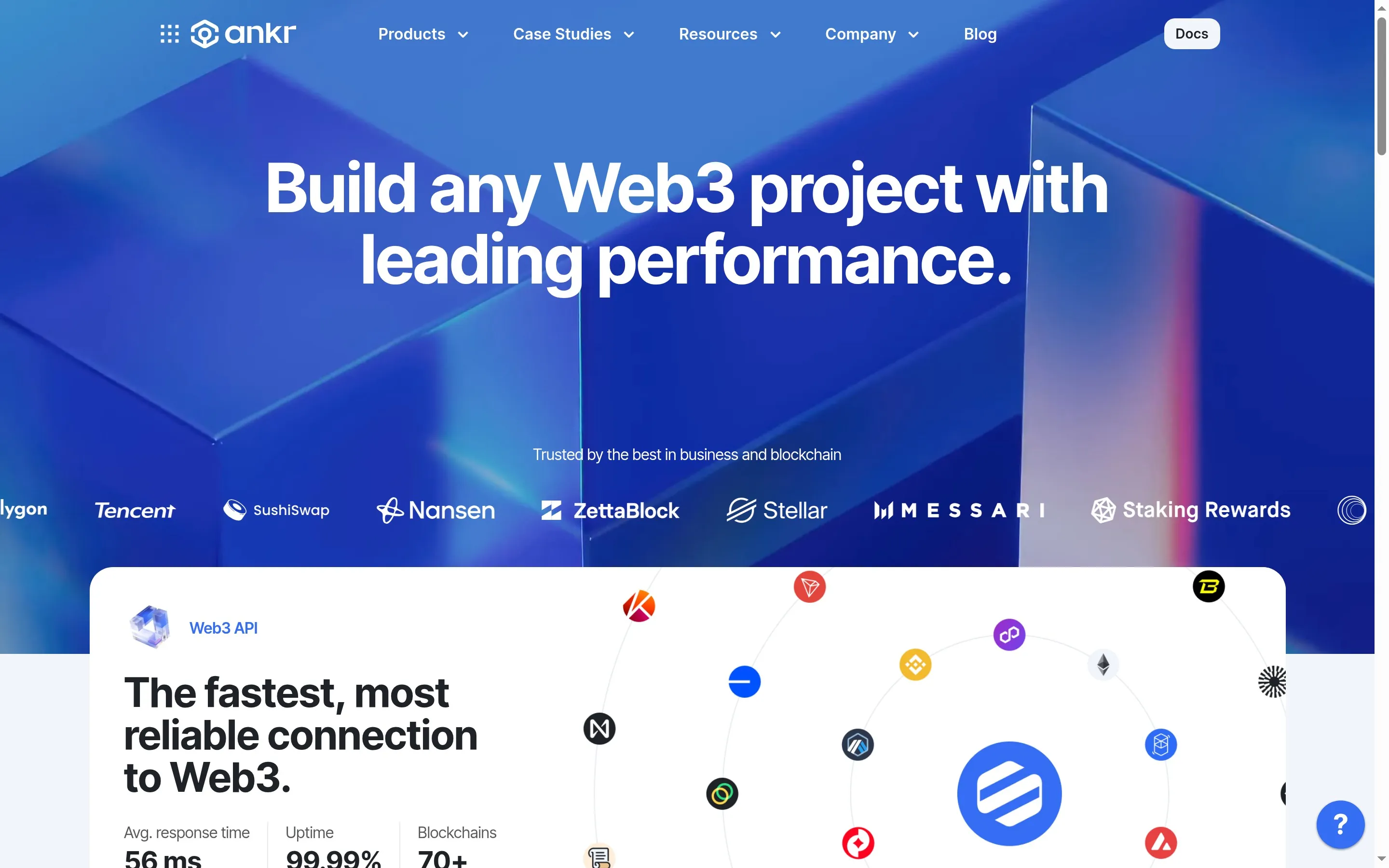 Ankr homepage highlighting Web3 API, scaling services and staking solutions.