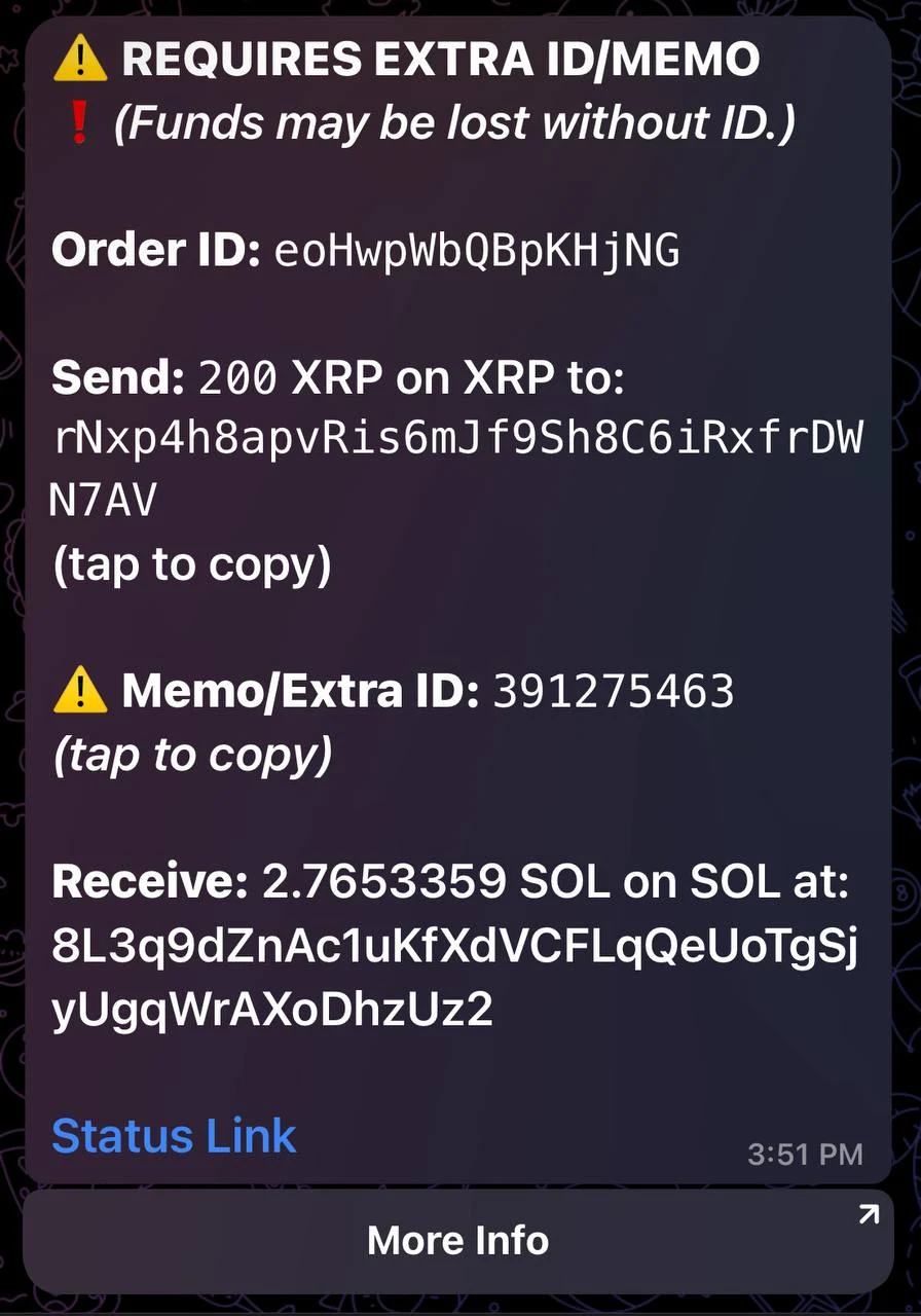 Screenshot der AnySwap-Bot-Anleitung, die ein Beispiel für eine Memo-Bestellung zeigt, die eine zusätzliche ID oder Memo-Anforderung zeigt