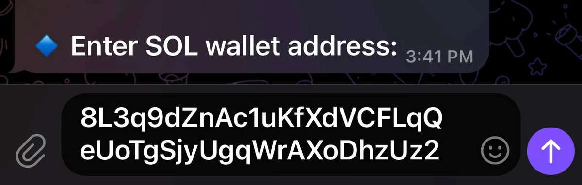 Screenshot der AnySwap-Bot-Anleitung, die den Schritt zur Eingabe der Empfangswallet-Adresse zeigt
