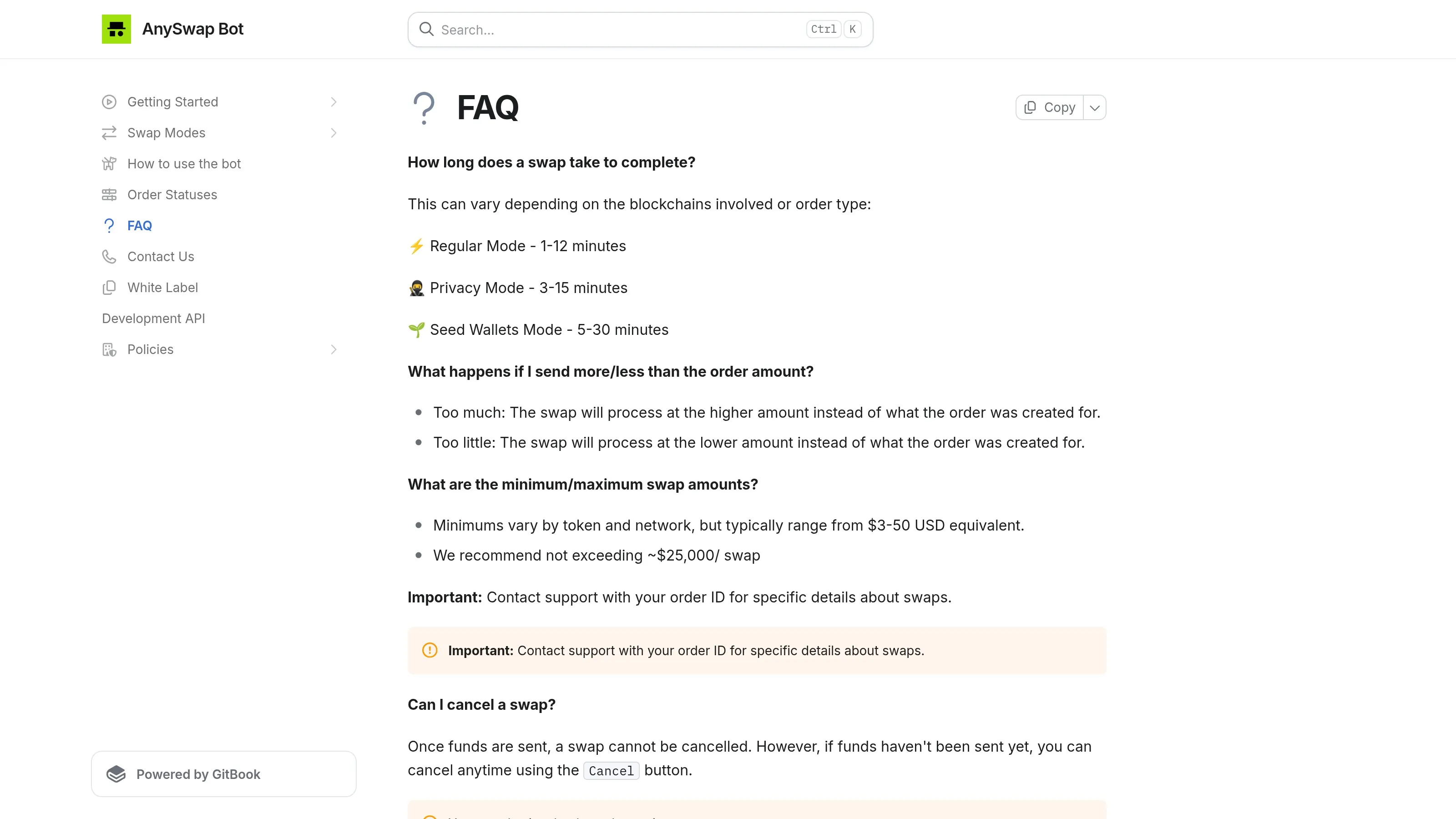 AnySwapのFAQページがモードごとの手数料帯とタイミング範囲を示している