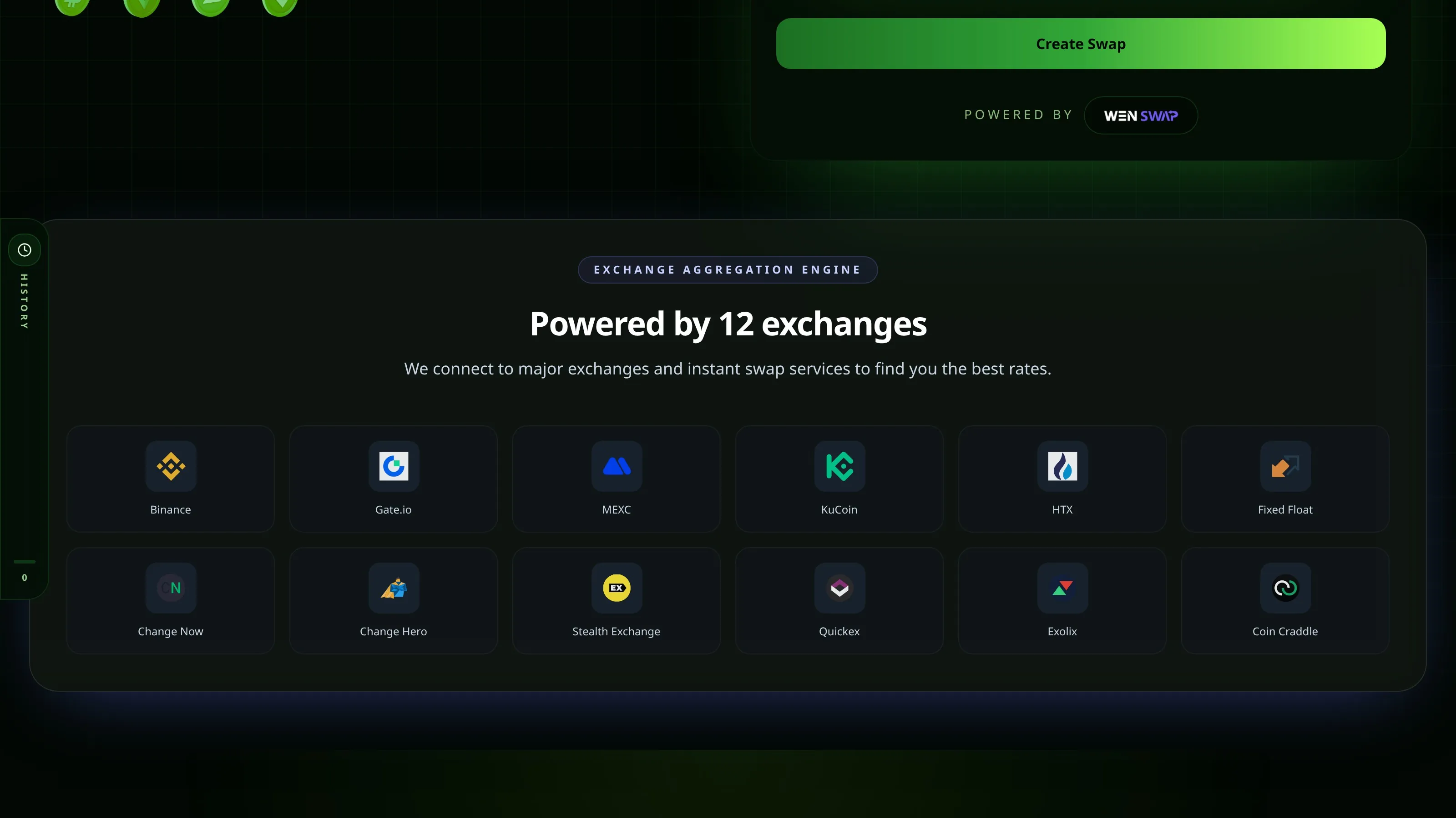 AnySwapのホームページセクションがサービスが12の取引所によって提供されていることを示している