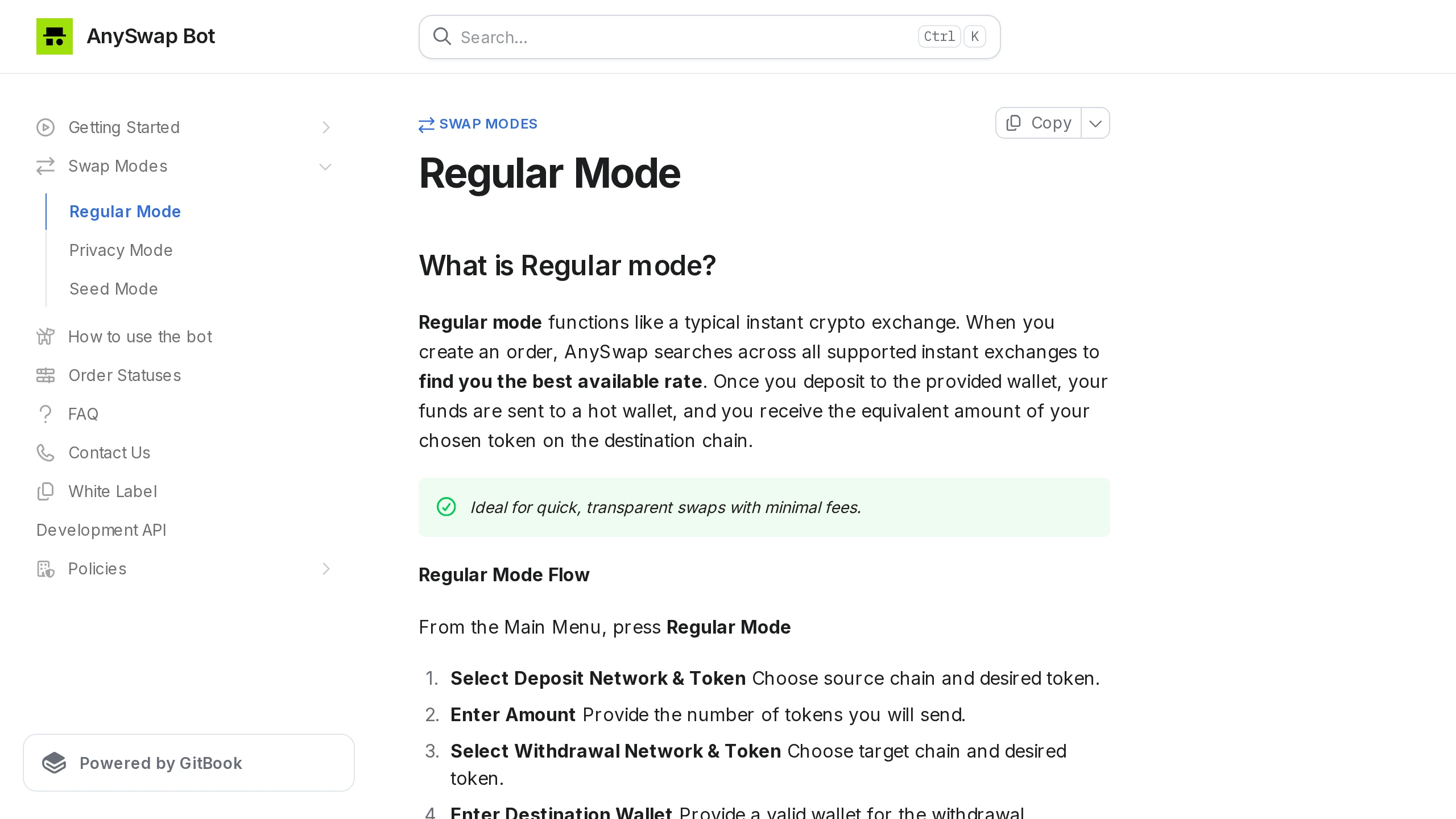 AnySwap documentation page for regular mode