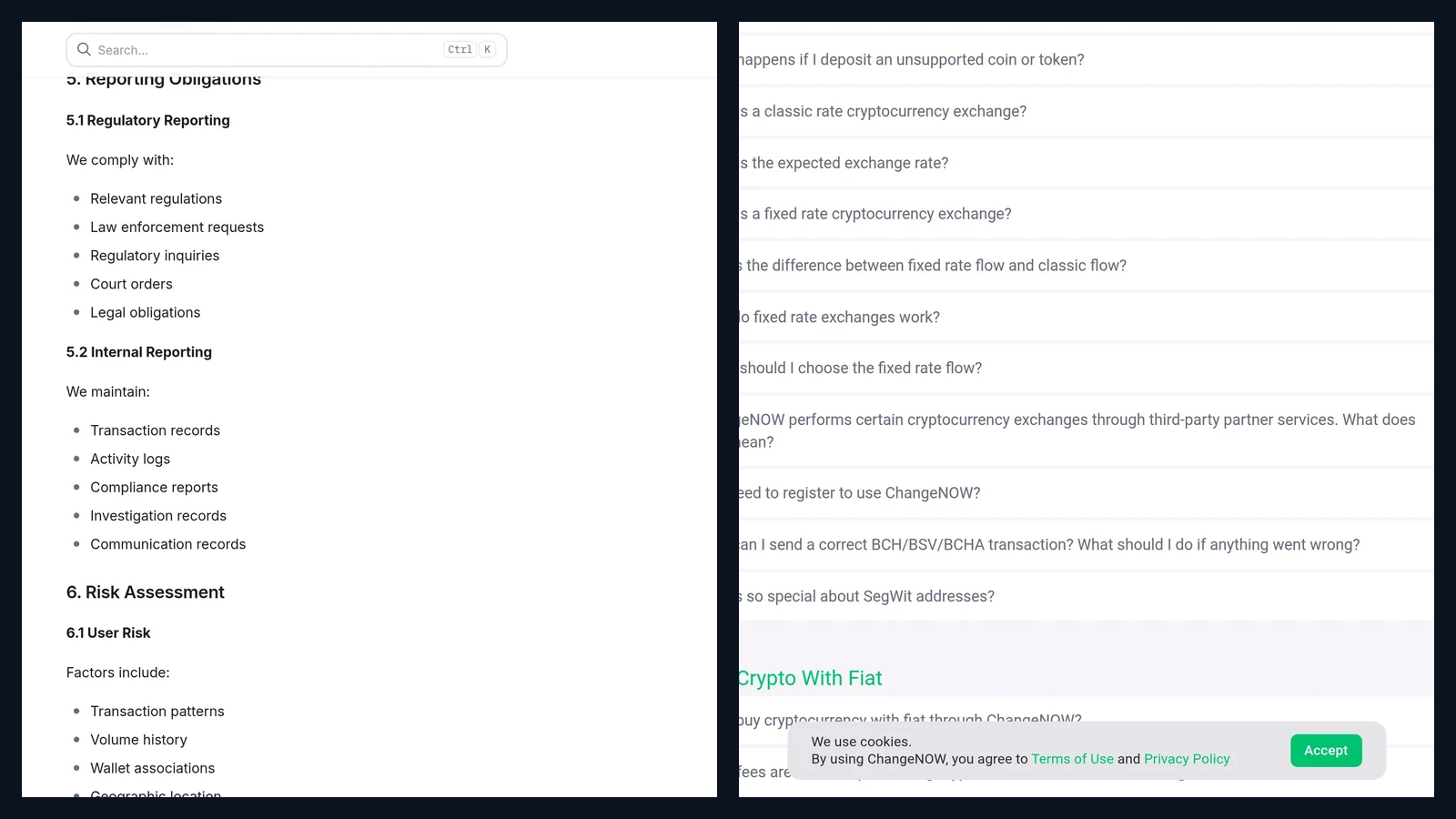 Seitenvergleich der AnySwap AML KYC-Richtlinie und des ChangeNOW FAQ-Abschnitts zur Registrierung und automatisierten Risikomanagement