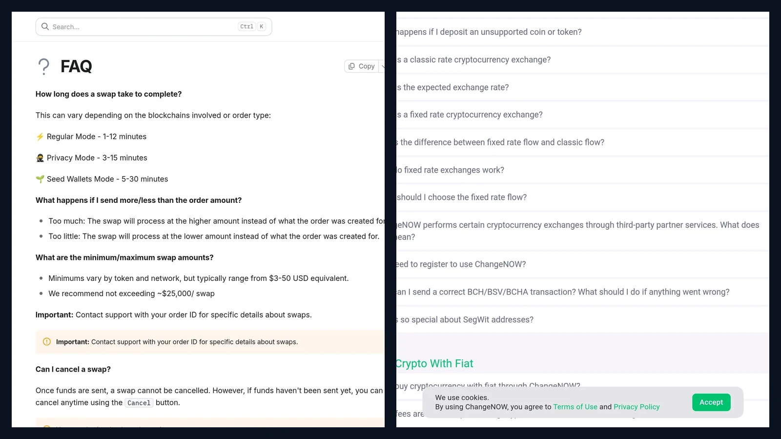 Seitenvergleich der Gebührenbereiche von AnySwap FAQ und der Gebührenbeschreibung von ChangeNOW FAQ