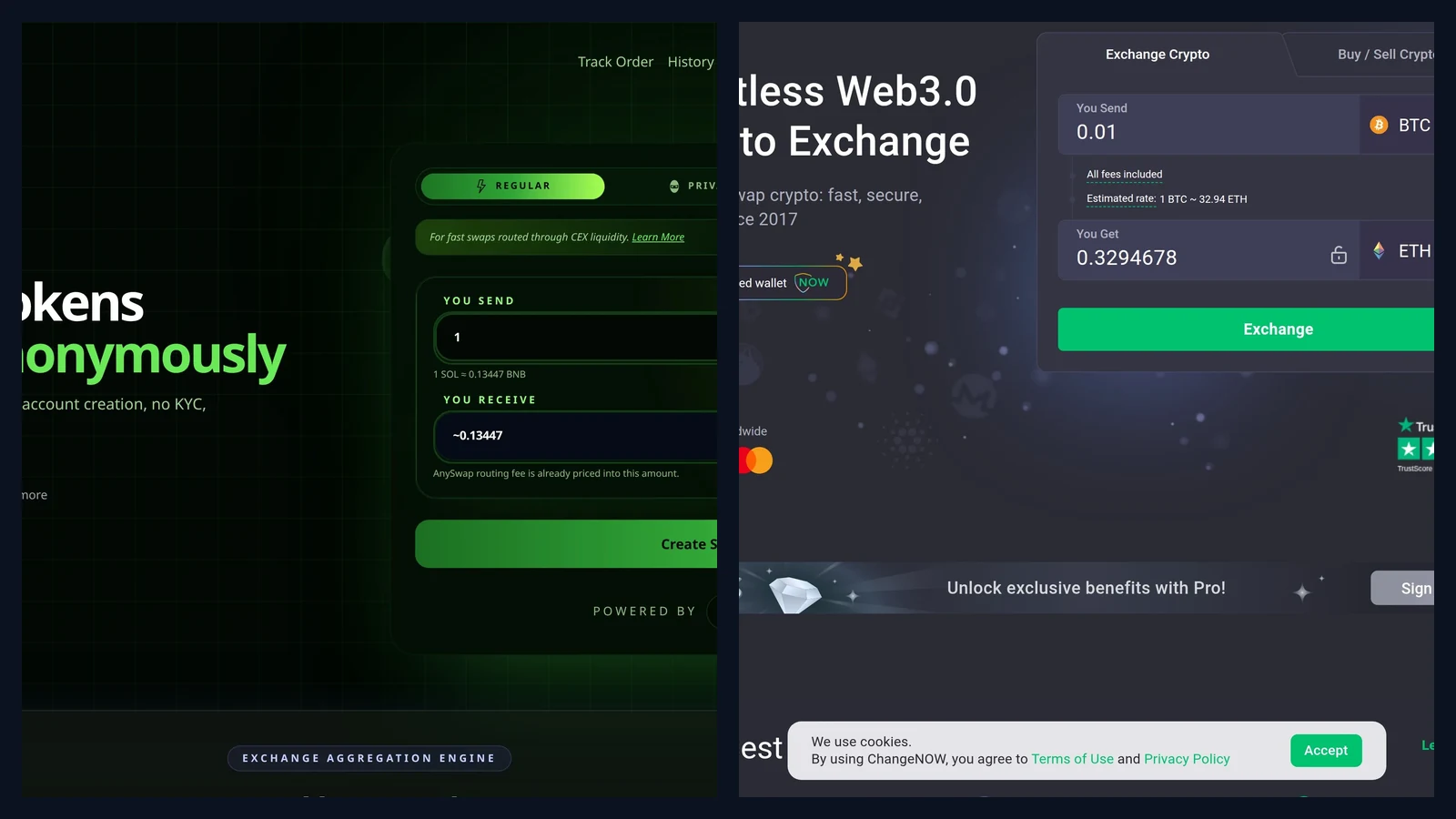 Seitenvergleich der Swap-Widgets von AnySwap und ChangeNOW