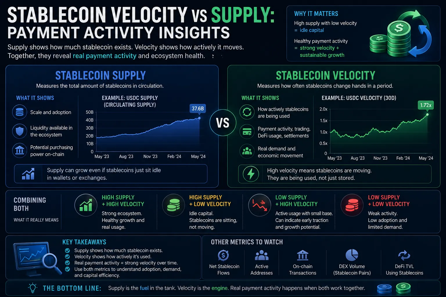 Análisis de métricas de stablecoin que muestra velocidad vs suministro para mejorar las perspectivas de actividad de pagos en los mercados cripto.