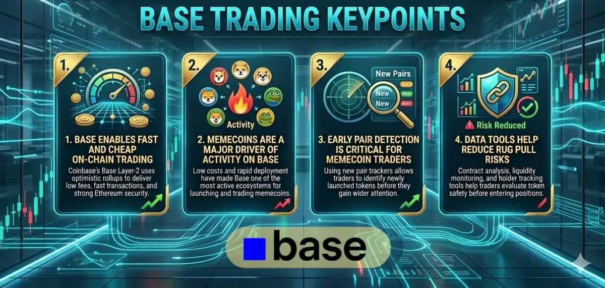 Base 블록체인에서의 밈코인 거래 포인트를 강조한 인포그래픽, Coinbase의 이더리움 Layer-2 솔루션.