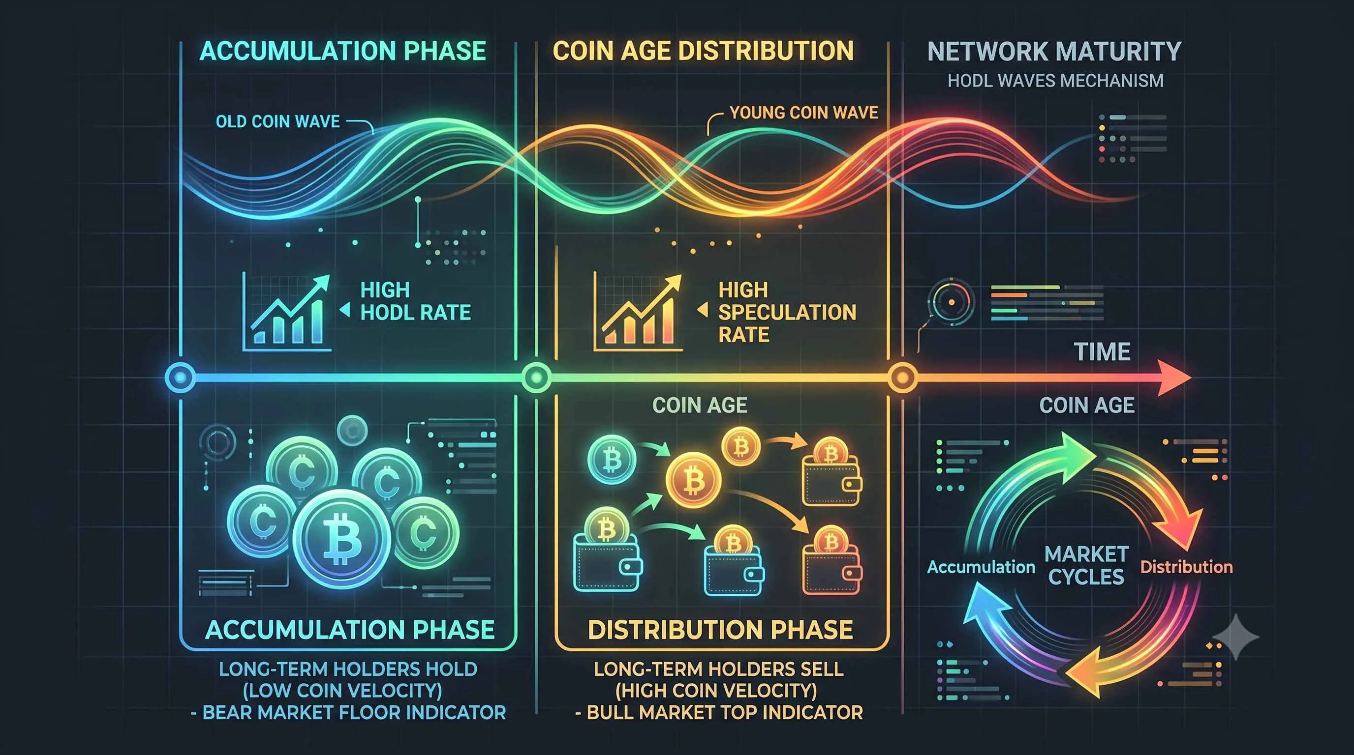 HODL Waves graphic illustrating crypto supply dynamics through coin age analysis for market navigation.