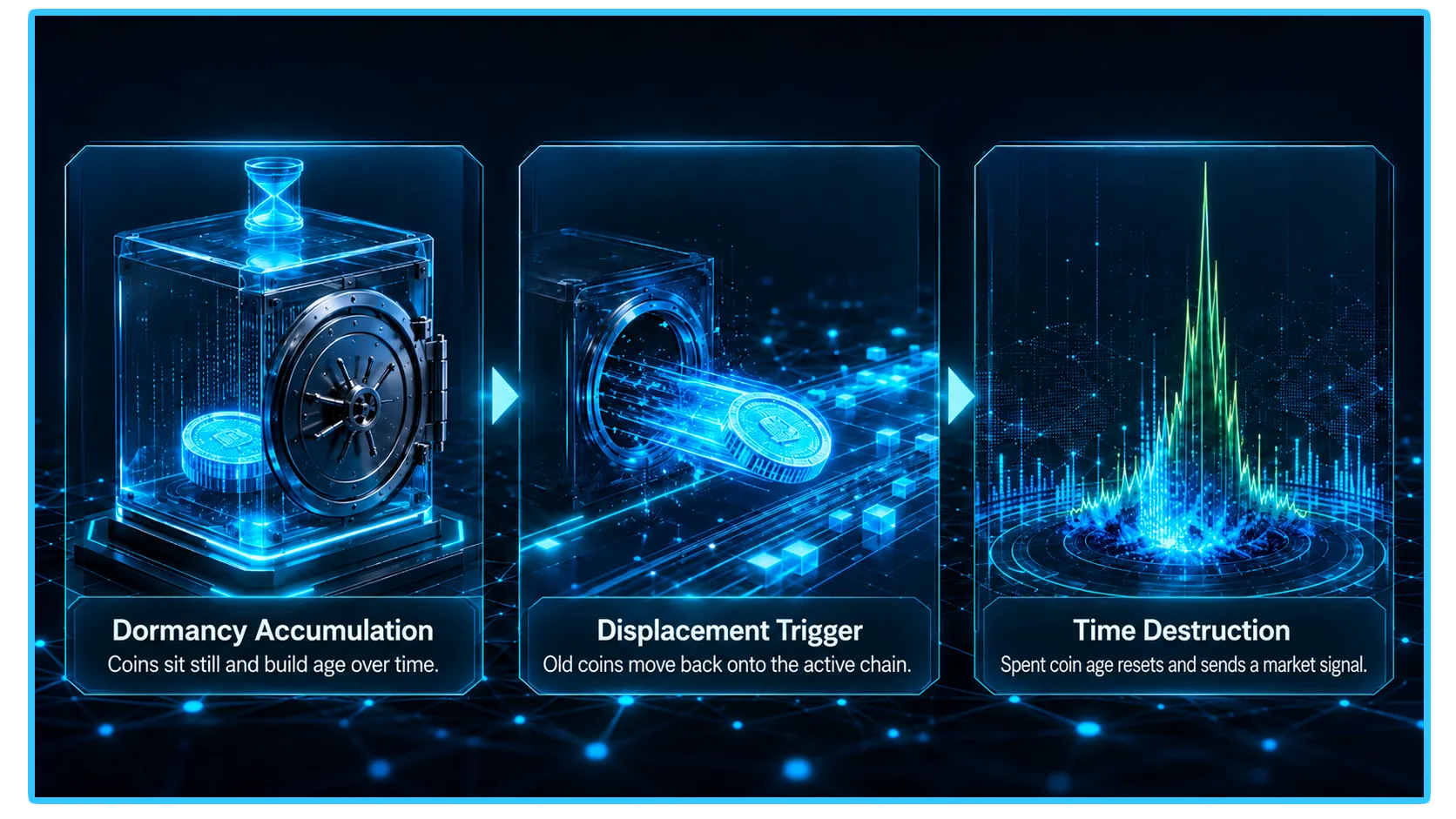 Coin Days Destroyed infographic illustrating the movement of old coins on-chain and their economic impact on blockchain networks.