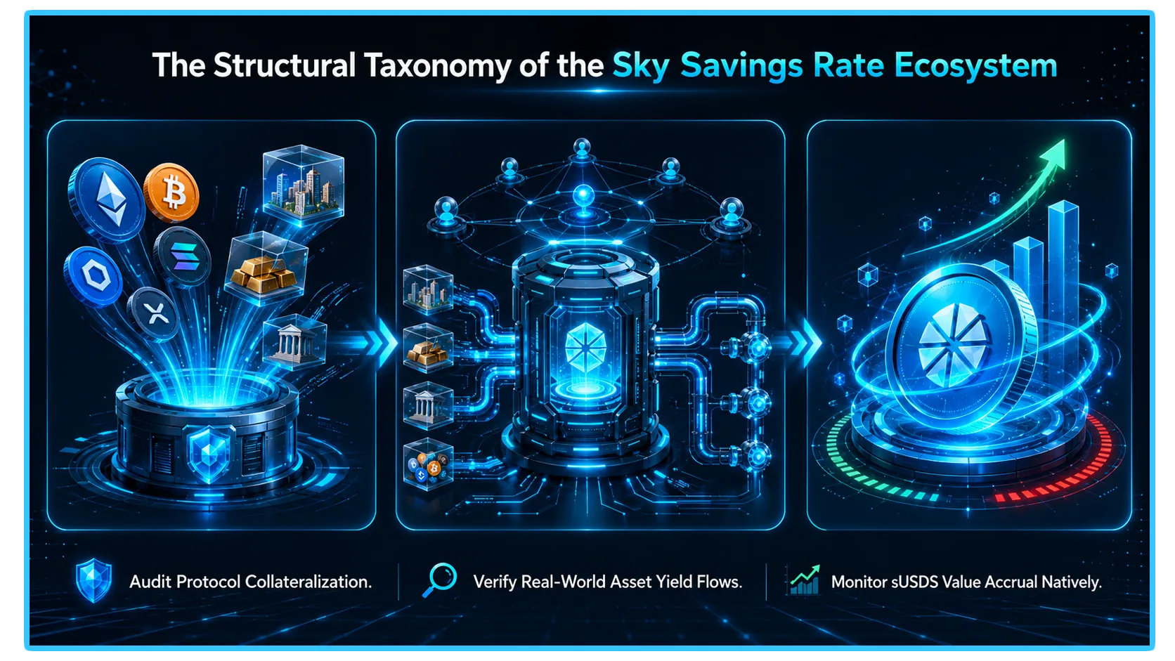 Sky USDS logo with a digital dollar symbol, representing the evolution of decentralized finance and sUSDS yield mechanisms.