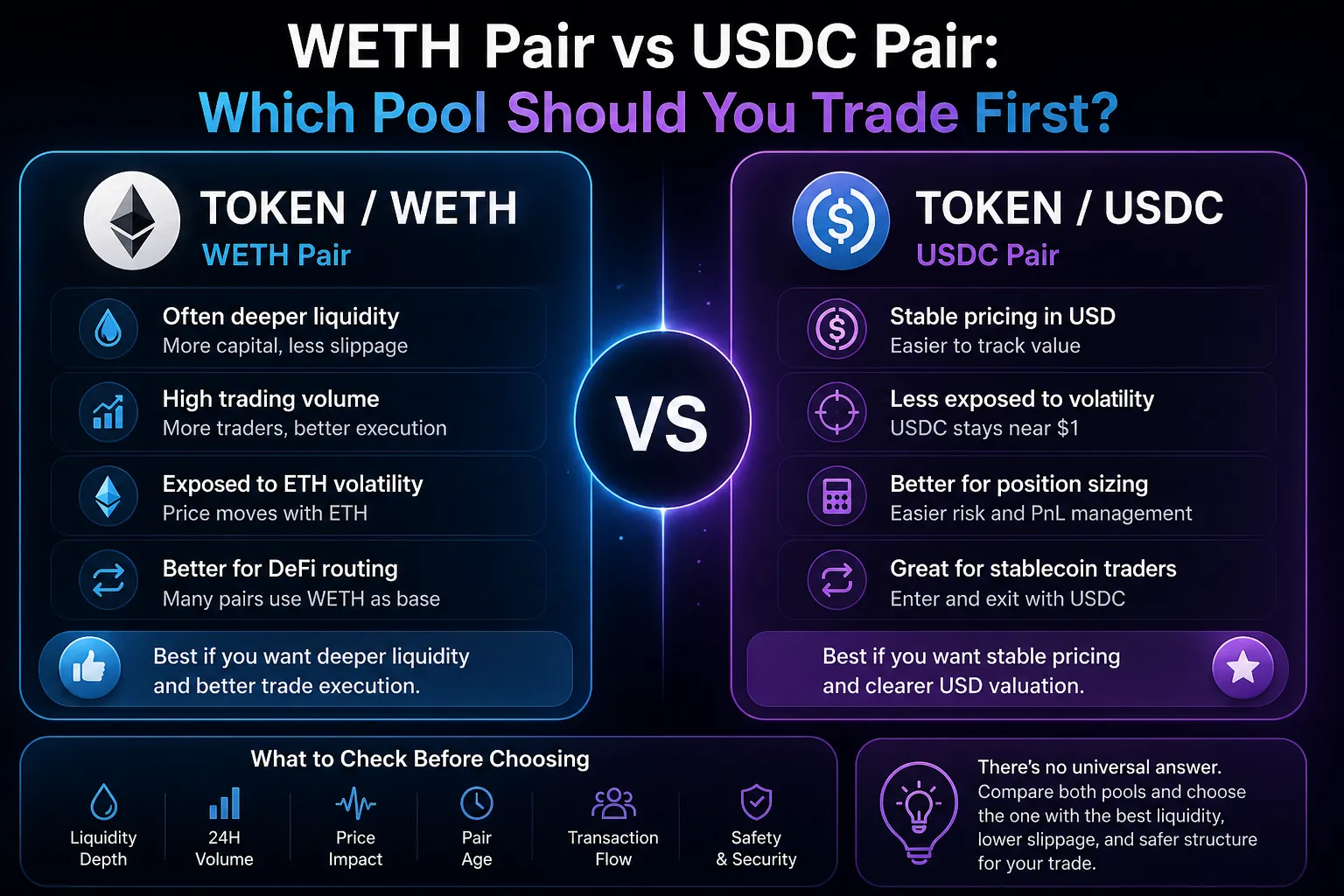 Comparison of WETH and USDC trading pools on a decentralized exchange for optimal token entry price.