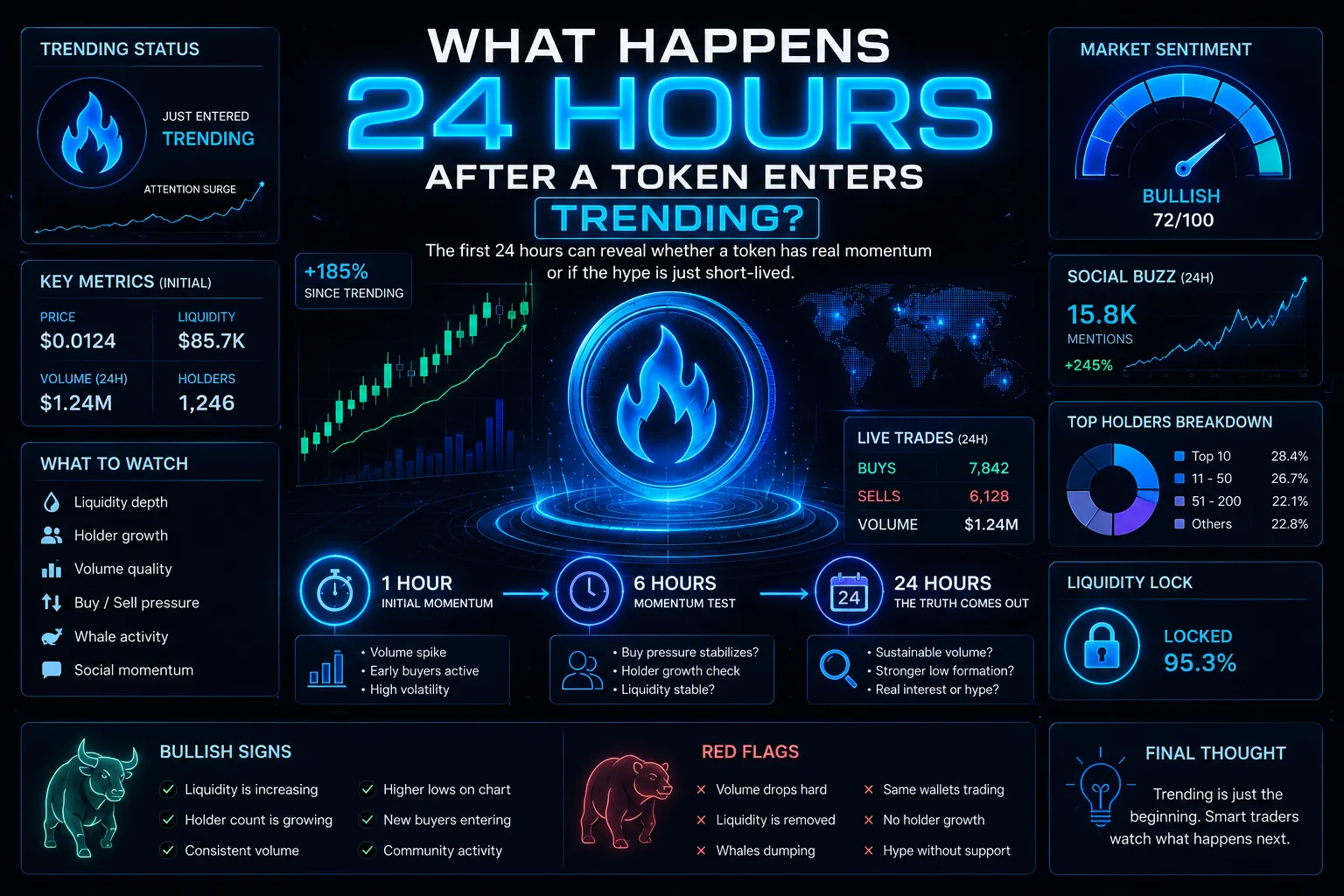 Token chart showing rapid price increase after trending status, with social media engagement and trader activity surging.