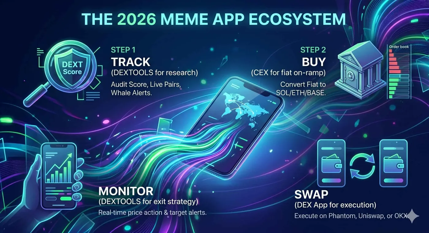 Comparação de aplicativos de meme coin para 2026, mostrando as principais plataformas para rastreamento e troca de criptomoedas.