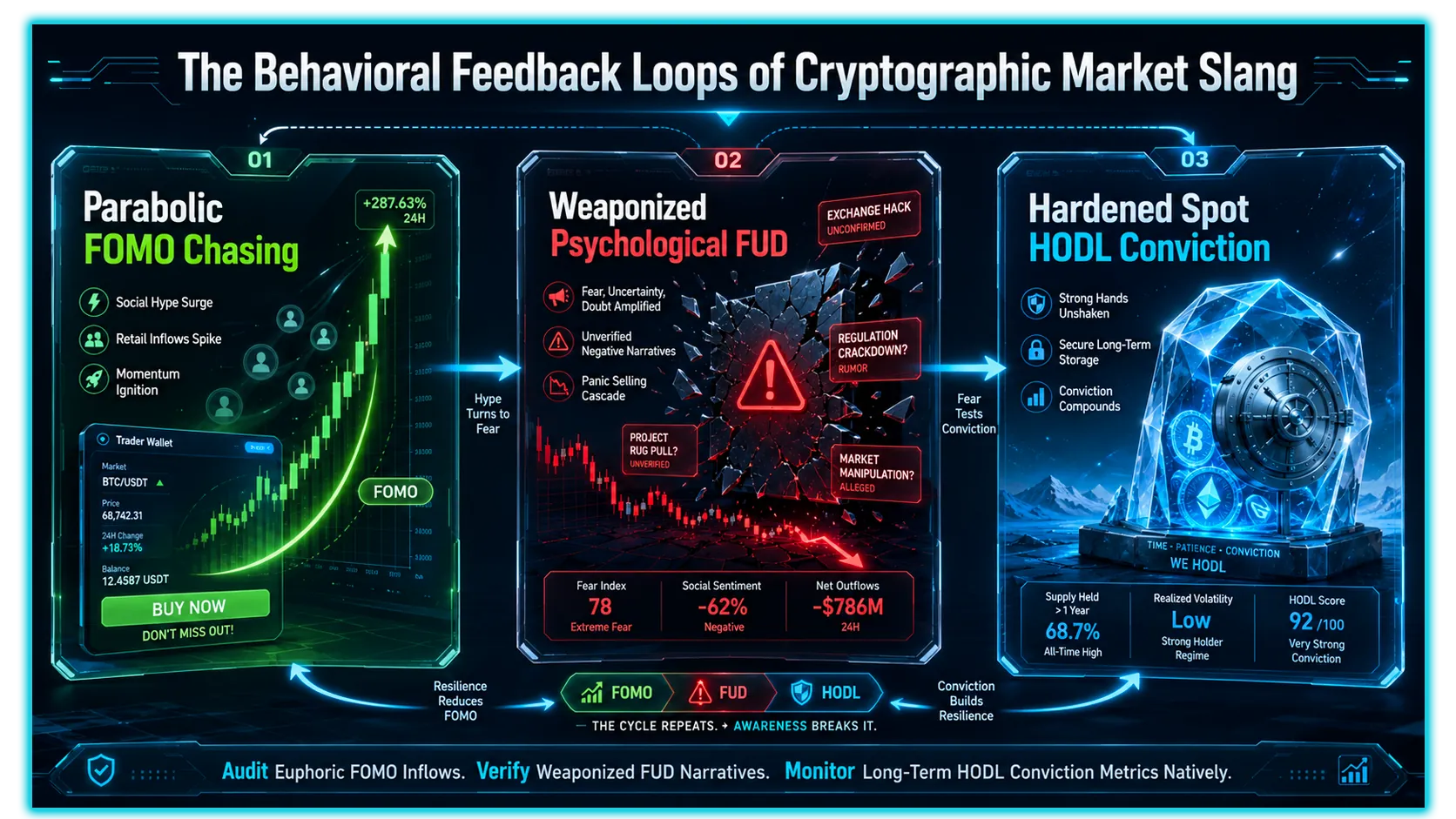 Crypto slang terms FUD, FOMO, and HODL illustrated in a graphic, highlighting their meanings in digital asset trading.