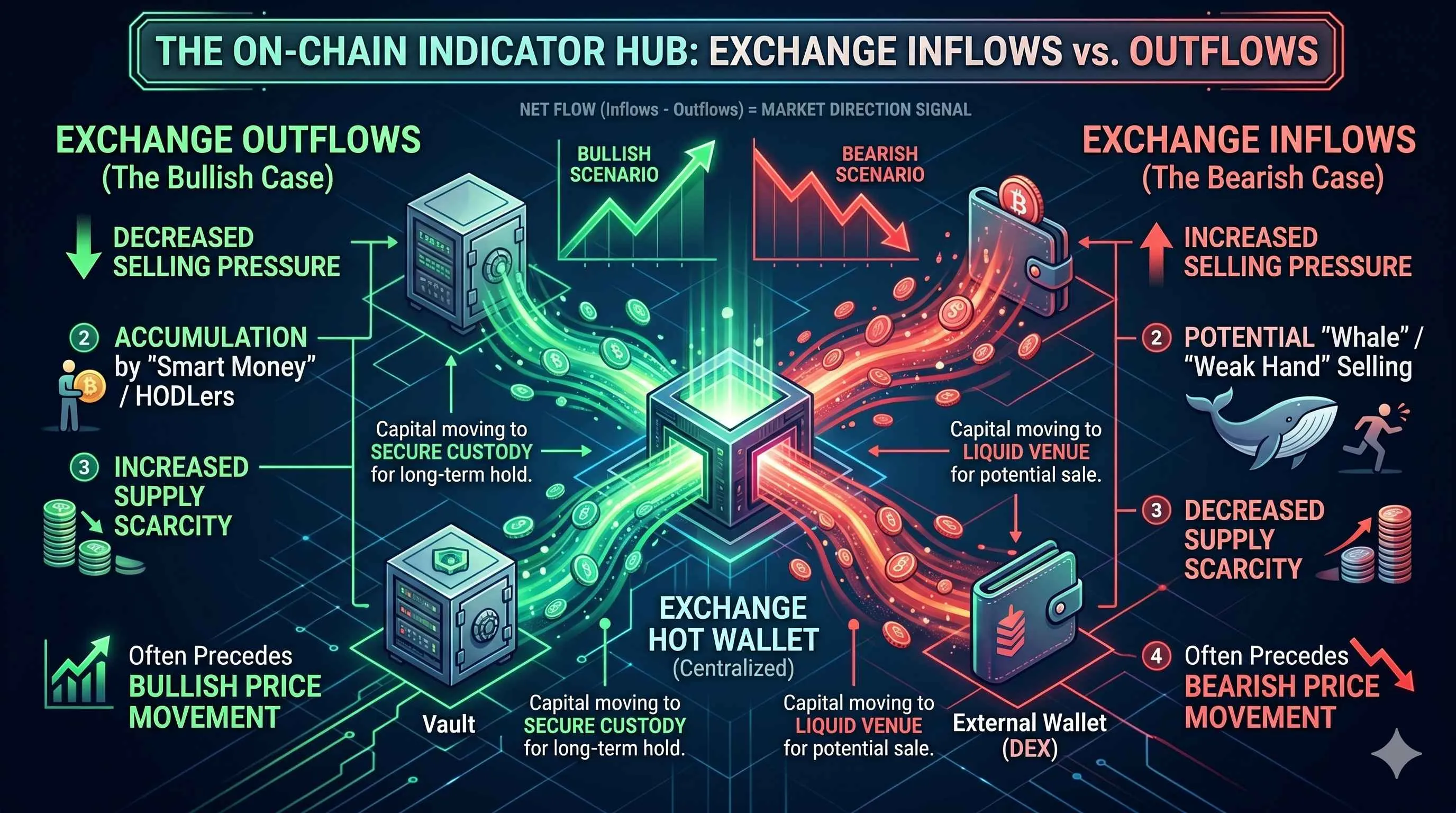 Graph illustrating exchange inflows and outflows, highlighting capital movement trends in cryptocurrency markets.