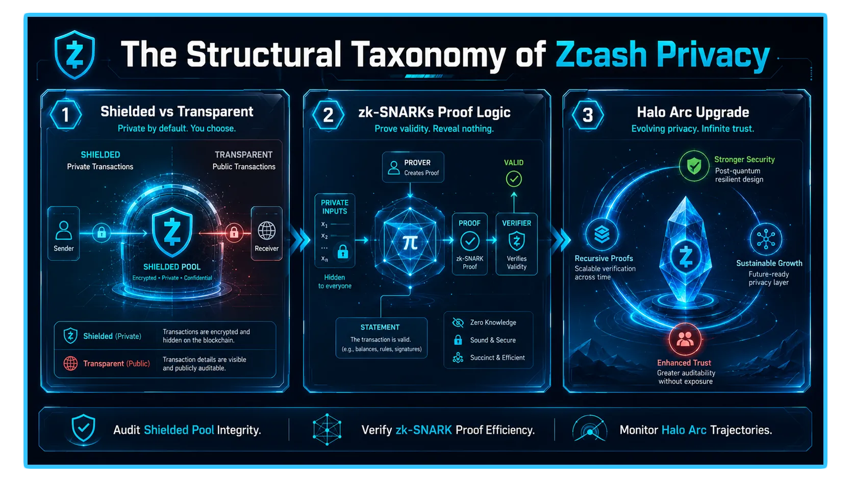 Zcash logo with a digital background representing zero-knowledge proofs and privacy technology in cryptocurrency.