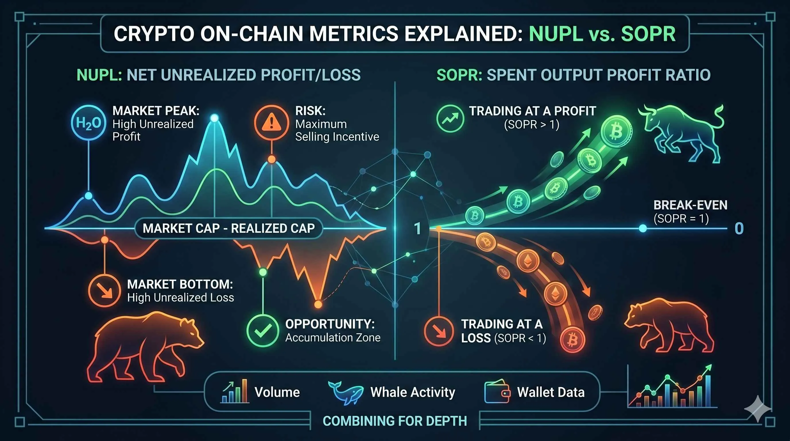 Illustration of NUPL and SOPR indicators, showcasing cryptocurrency profit and loss metrics for traders in a volatile market.
