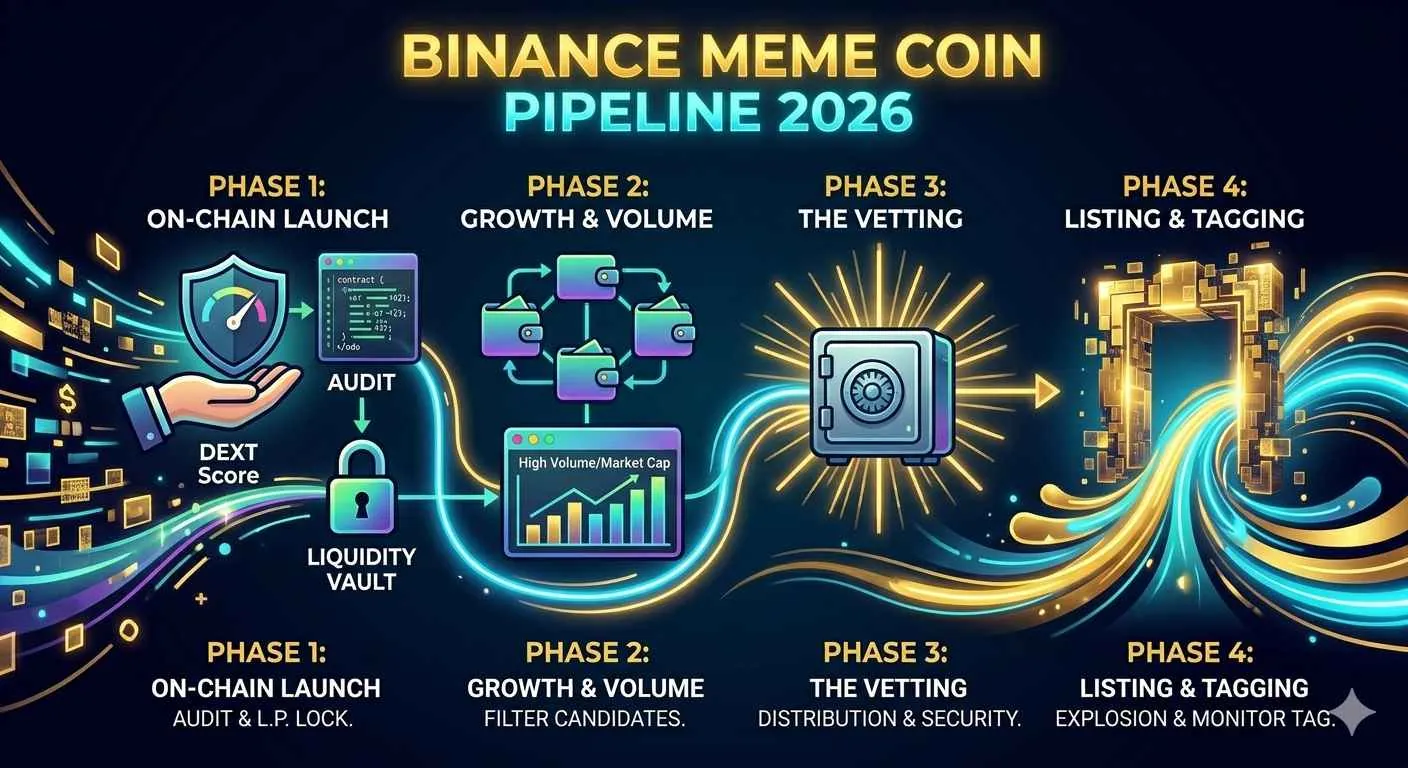 Guide de trading des coins mèmes Binance 2026, présentant des listes et des filtres pour des tokens pilotés par la communauté sur le marché crypto.