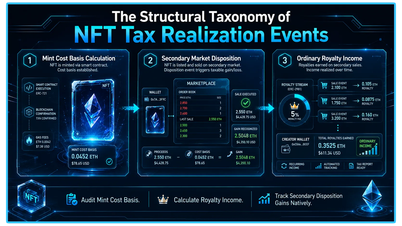 Illustration of NFT taxation concepts, highlighting royalties, sales, and minting processes in digital asset transactions.