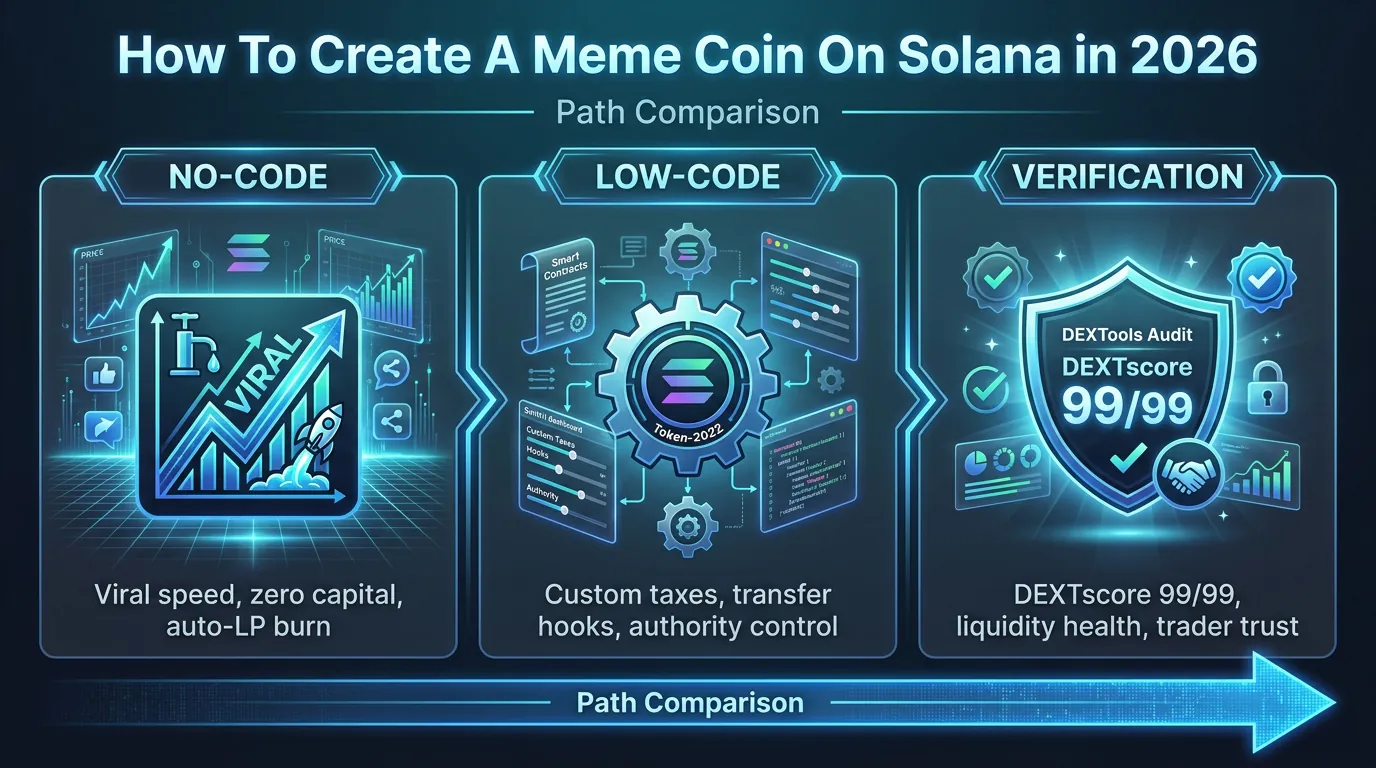 Una persona creando una meme coin en la blockchain de Solana, mostrando herramientas sin código y con poco código en un entorno digital.