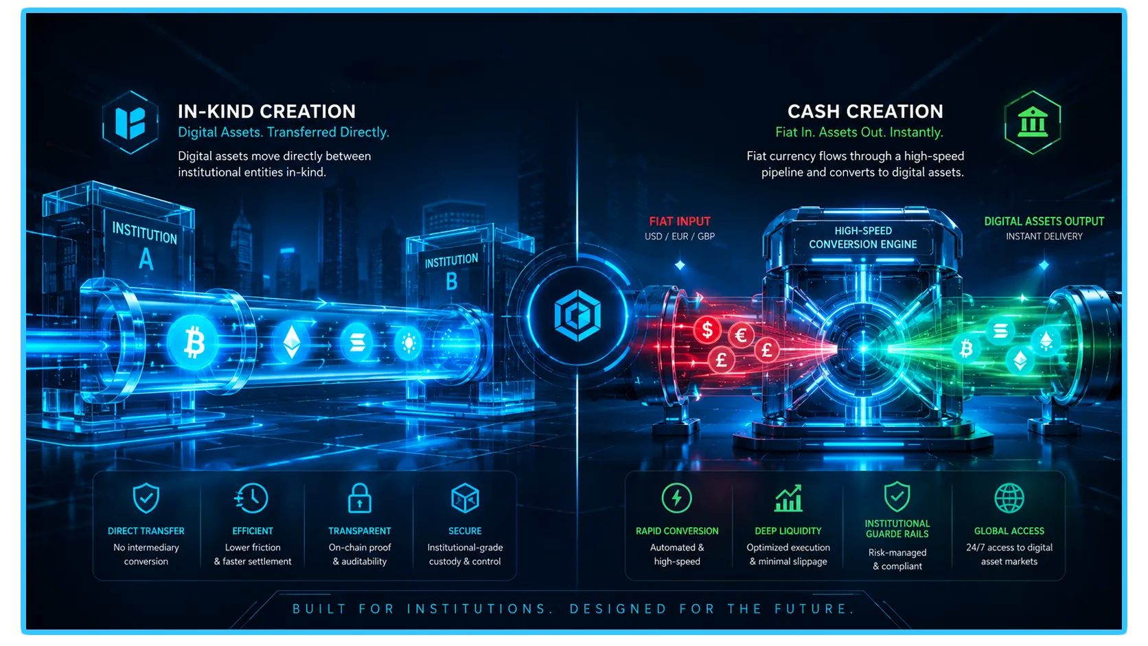 Illustration comparing cash and in-kind creation models for cryptocurrency ETFs in a financial news article.