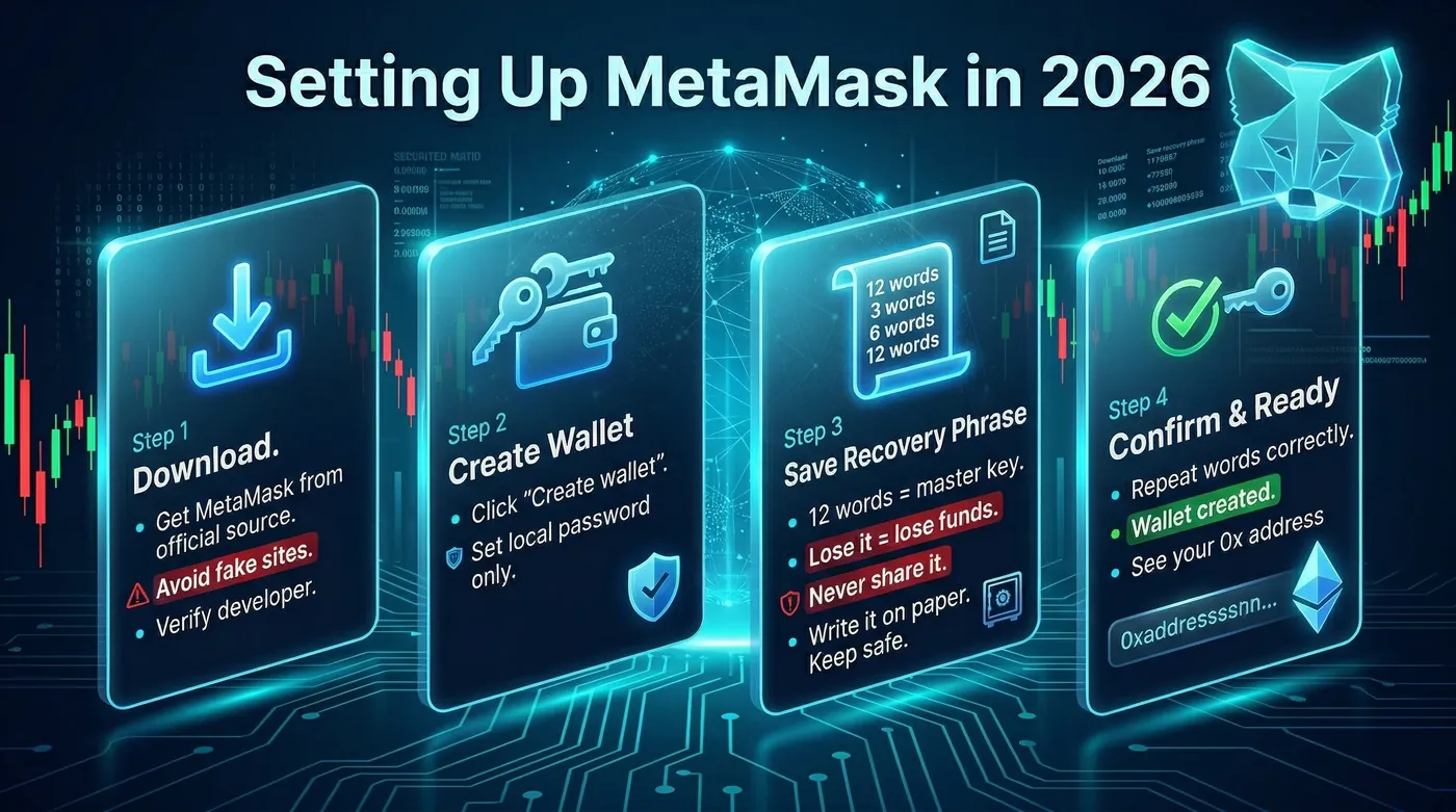Ilustración de la creación de una Ethereum wallet utilizando MetaMask, mostrando la interfaz fácil de usar y las características de seguridad.
