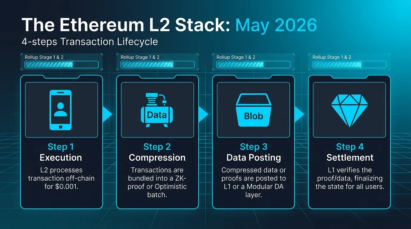 Ilustración de las soluciones de escalado de Capa 2 de Ethereum, mostrando rollups y validiums en una arquitectura de blockchain modular.
