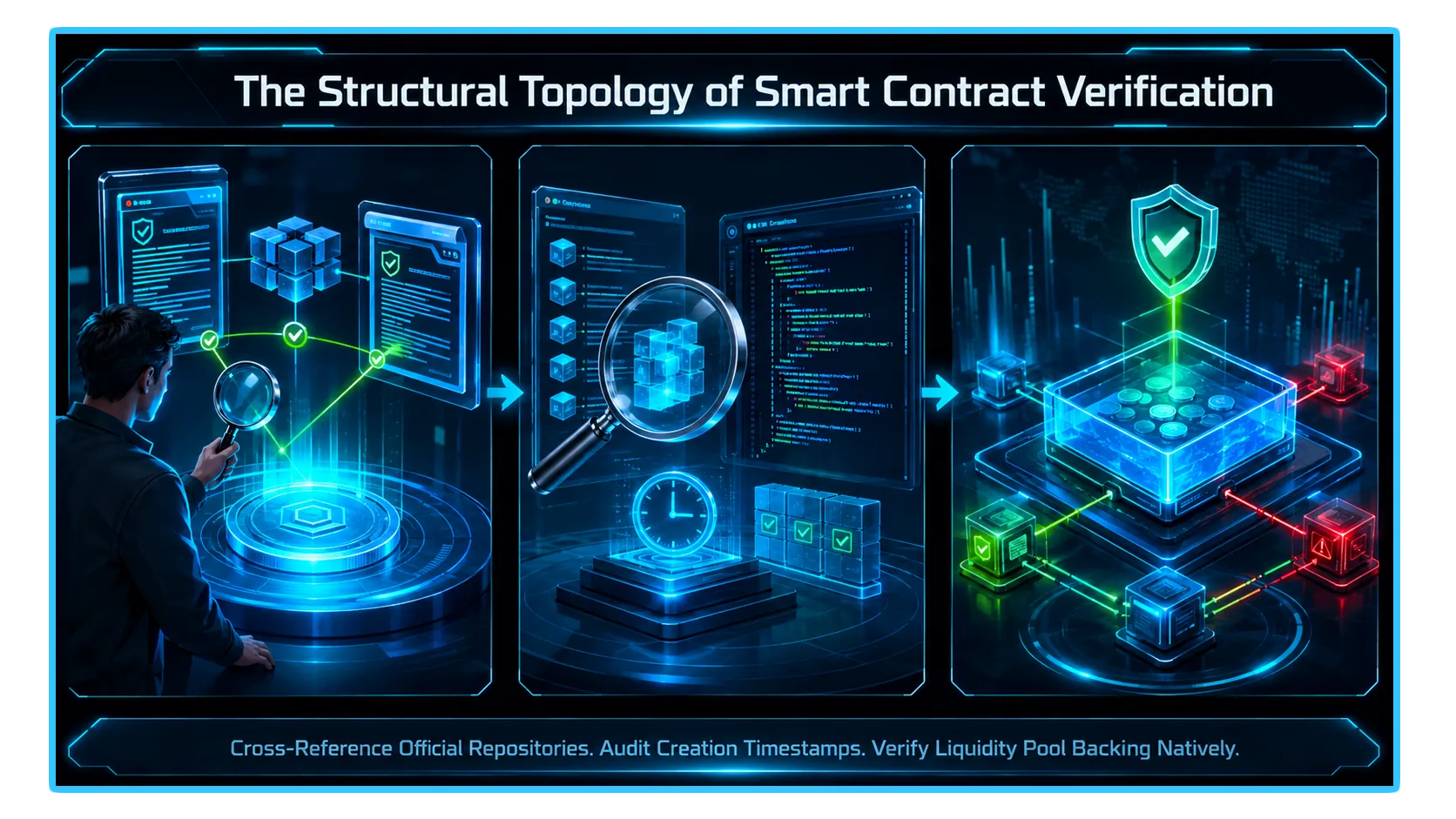 Image illustrating steps to verify an official token contract address in decentralized finance.