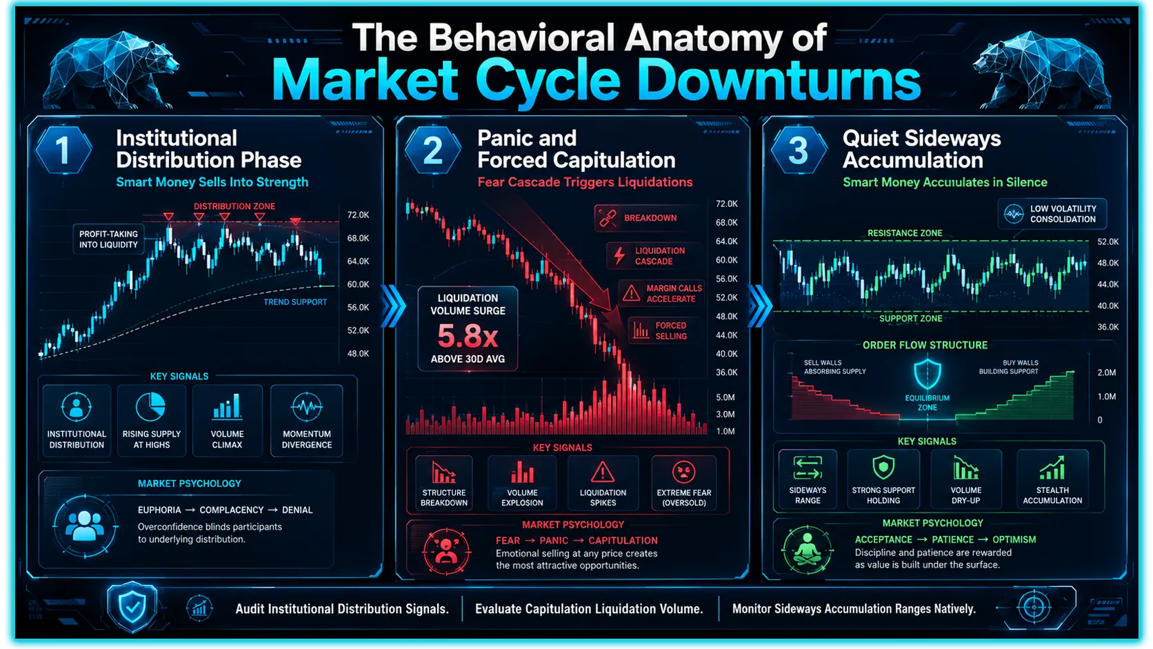 Illustration of market cycle stages highlighting bear market characteristics and strategies for survival during downturns.