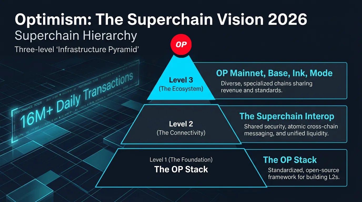 Optimism Superchain vision graphic illustrating interconnected blockchains and the evolution of Layer 2 networks.