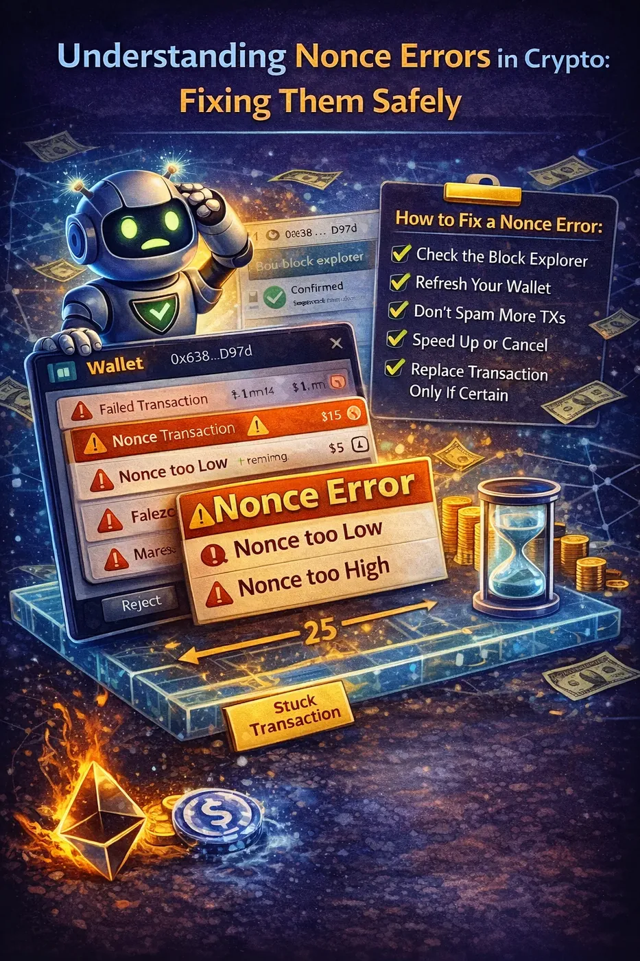 Illustration einer Krypto-Wallet, die eine Nonce-Fehlermeldung anzeigt und häufige Probleme bei Kryptowährungstransaktionen hervorhebt.