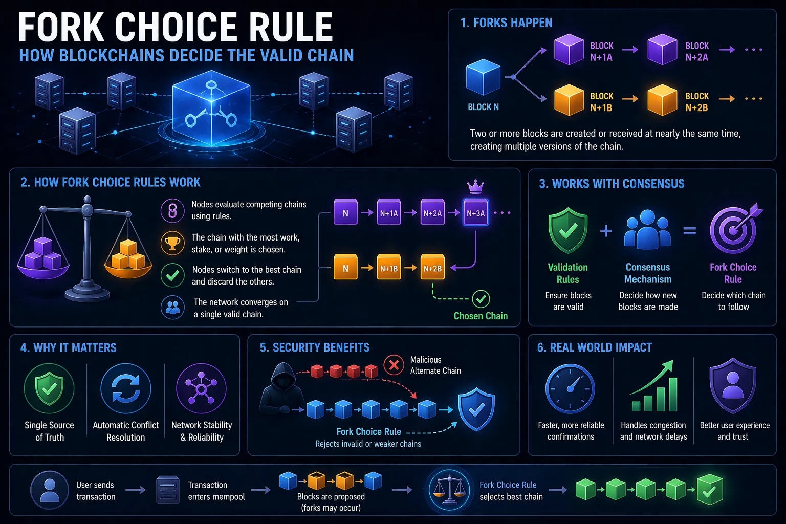 Illustration of fork choice rule in blockchain, showing competing chains and validation mechanisms in decentralized networks.