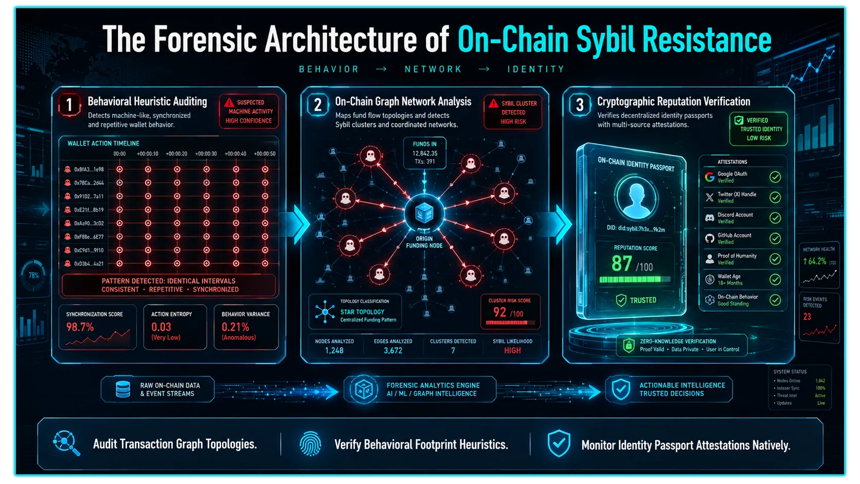 Illustration depicting the concept of Sybil resistance in blockchain, highlighting filtered wallets and on-chain identities.