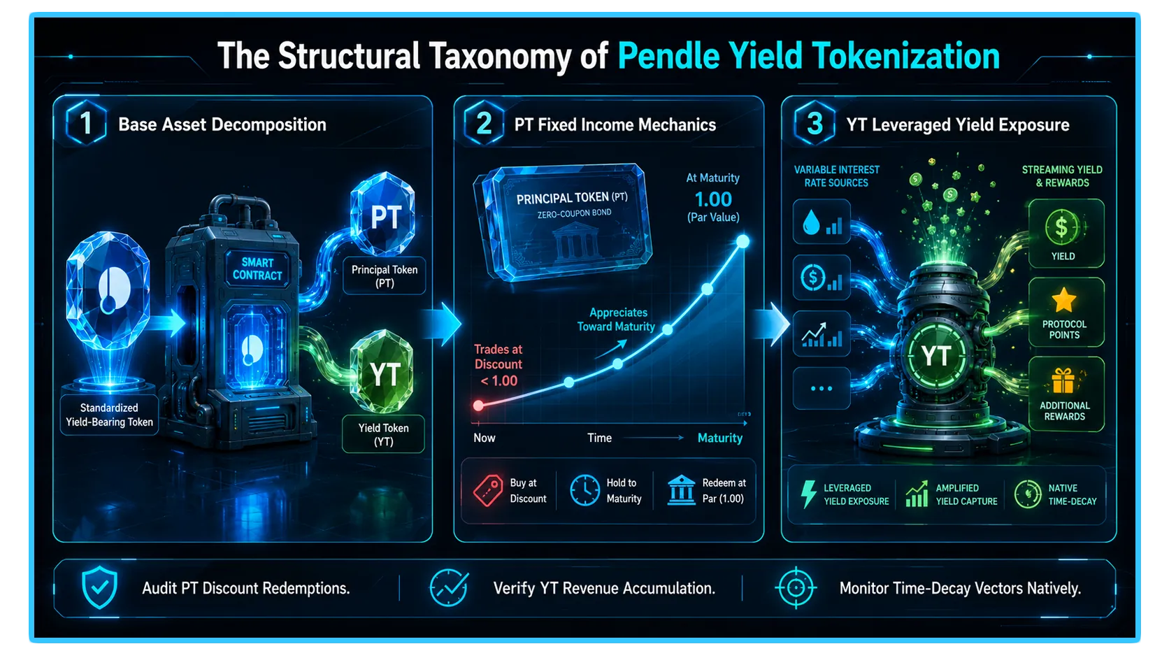 Illustration of Pendle Yield Tokenization mechanics, showcasing PT and YT tokens in decentralized finance (DeFi) architecture.