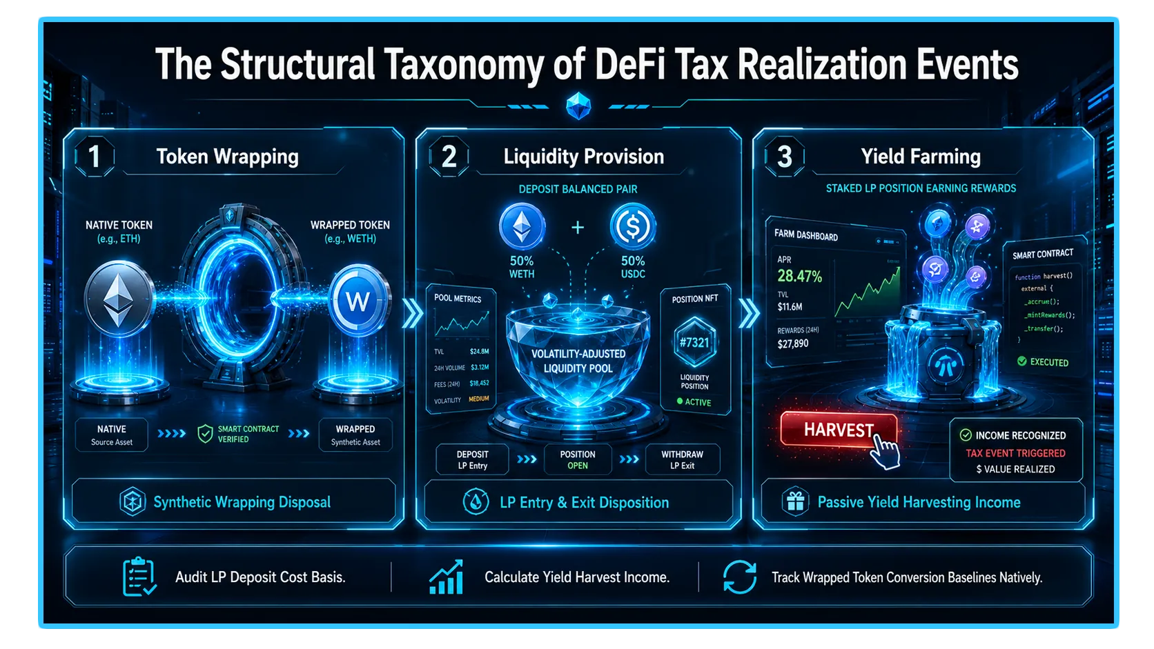 Visual representation of DeFi taxation concepts, including lending, liquidity pools, and wrapped tokens in decentralized finance.