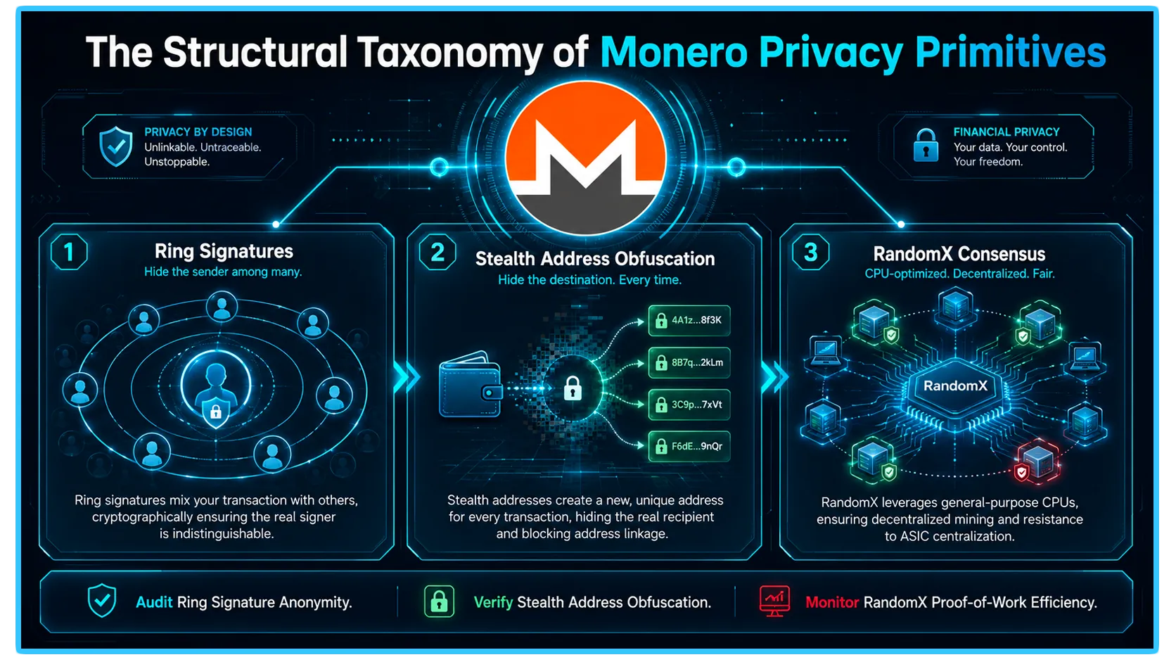 Monero logo with a digital background, symbolizing privacy and fungibility in cryptocurrency transactions.