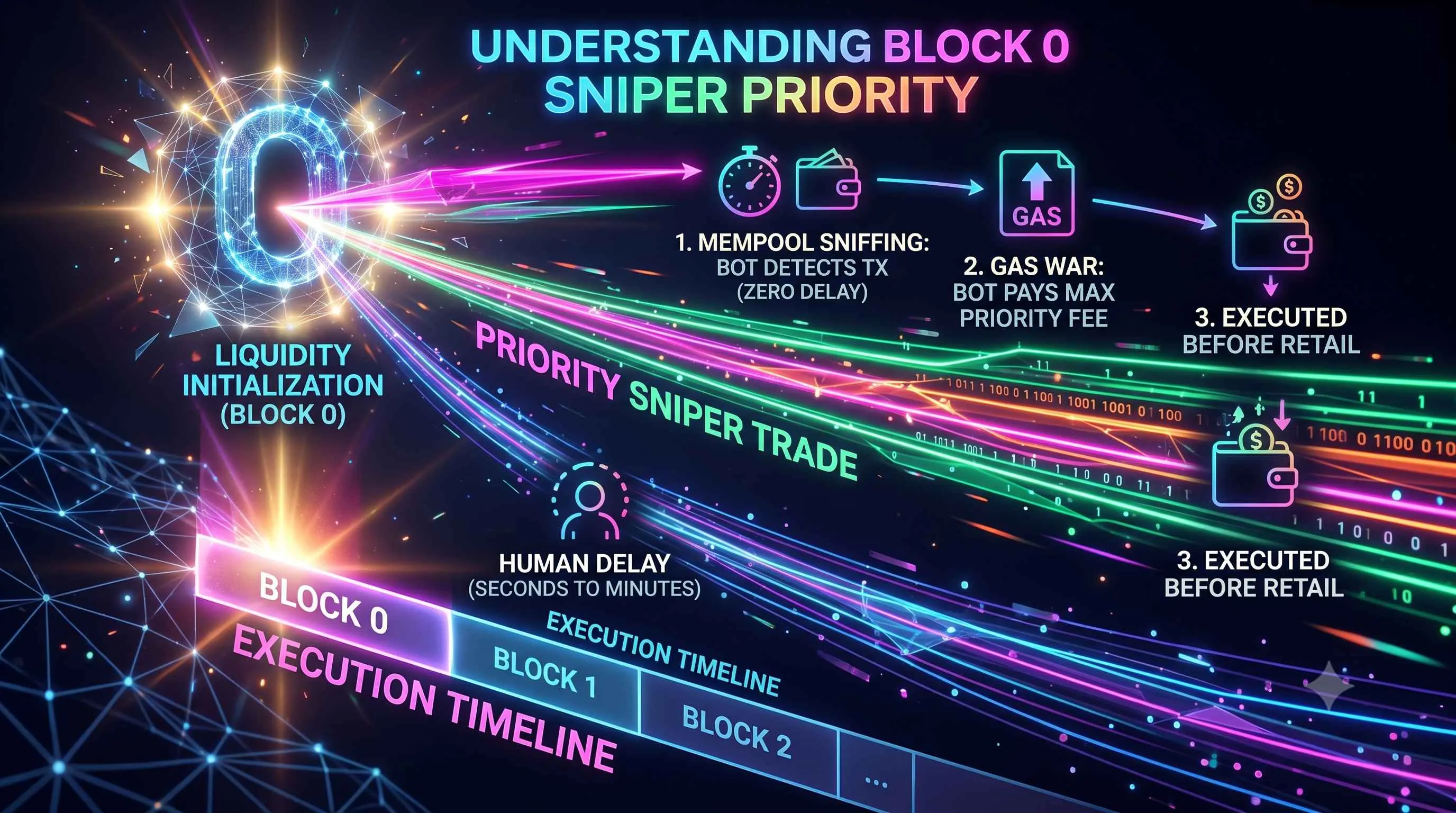 Block Zero Sniper concept at token launch, highlighting volatility in decentralized finance and rapid liquidity changes.