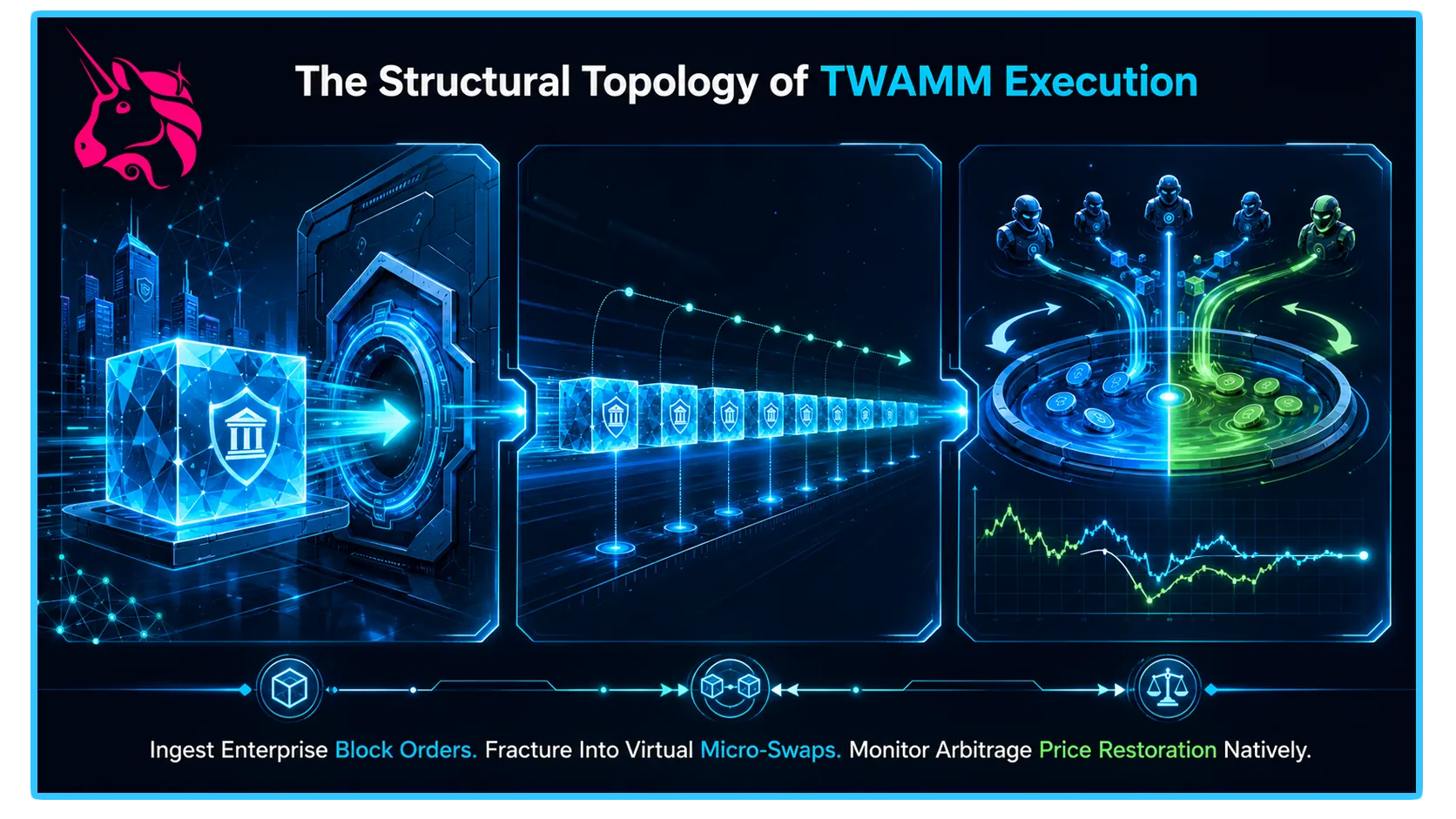 Uniswap v4 TWAMM Hook graphic illustrating reduced price impact in DeFi asset reallocations.
