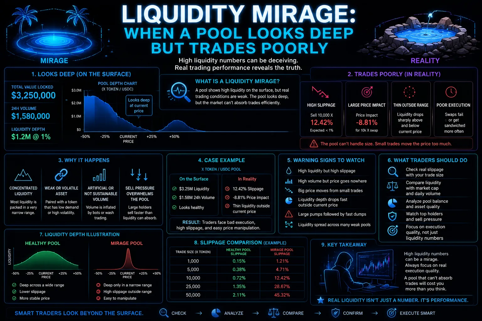 Illustration of a deep liquidity pool with misleading trading signals, highlighting the concept of liquidity mirage in DEX trading.