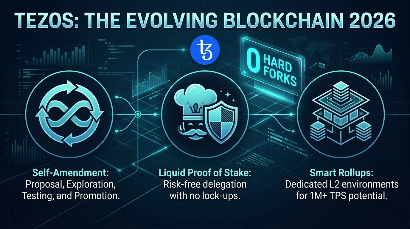 Tezos Blockchain-Logo mit futuristischem Design, das seine selbständernden Fähigkeiten und Governance-Funktionen im Jahr 2026 symbolisiert.