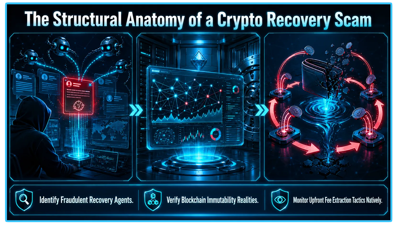 Illustration of crypto recovery scams, highlighting fake asset-recovery services targeting cryptocurrency theft victims.